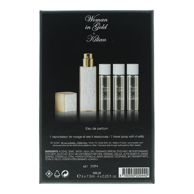 Kilian Woman In Gold is a cypher floral, luxurious and sophisticated fragrance designed for women, and it was launched in 2017. The fragrance opens with a sparkling burst of bergamot, mandarin orange and aldehydes, which is then blended with a heart of rose, geranium, freesia and vanilla absolute. The base of the fragrance is warm and comforting, with notes of patchouli, vanilla, akigalawood and tonka bean. Suitable for both day and night wear, every day.