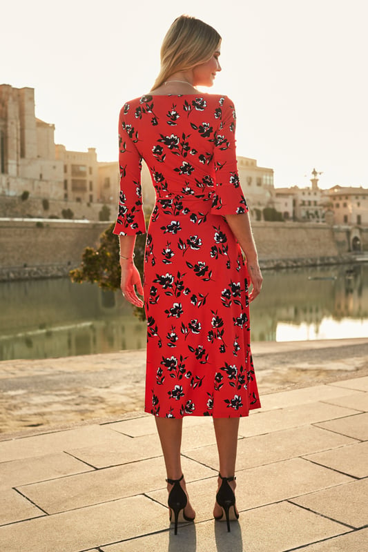 Red-Black Floral Grid Shirt Collar Midi Dress main image 0