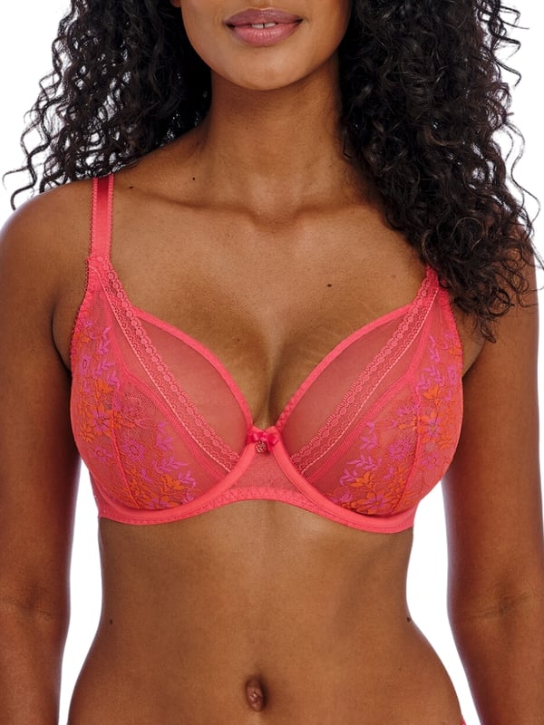 Freya Sydnie High Apex Plunge Bra. Underwired non padded plunge bra with high apex sheer floral lace overlay, low plunge neckline and fully adjustable straps. Product is recommended as hand-wash only.