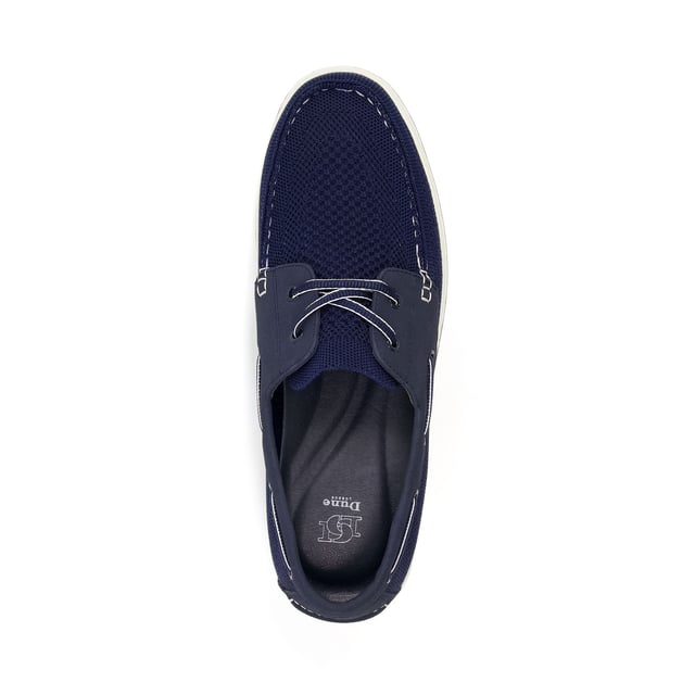 Dune Mens Knitted Boat Shoes Burnner Boat shoes with a trend-led twist, our Burnner style has a breathable knit upper. It pulls on with ease and features tonal laces and a slim, contrasting sole. A smart yet summery shoe.