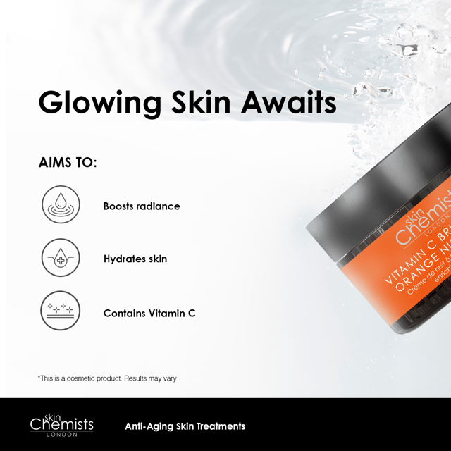 skinChemists Vitamin C Brightening Orange Night Cream es una fórmula de belleza limpia que combina el poder de la vitamina C con ingredientes naturales para iluminar y suavizar la piel. Esta crema hidratante ayuda a mejorar la textura y el aspecto de la piel, dejándola sana y resplandeciente. Su refrescante aroma a cítricos y sus propiedades nutritivas para la piel la convierten en un producto imprescindible para lucir un cutis radiante.