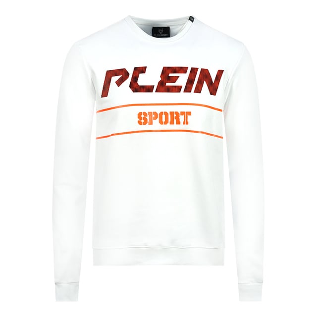 Philipp Plein Sport oranje vet logo witte trui. Philipp Plein Sport witte trui. 51% katoen 49% polyester, lange mouwen, ronde hals. Grote Plein-branding op de voorkant. Badges met Plein-merk, elastische taille en mouwuiteinden. Stijlcode: FIPS211 01