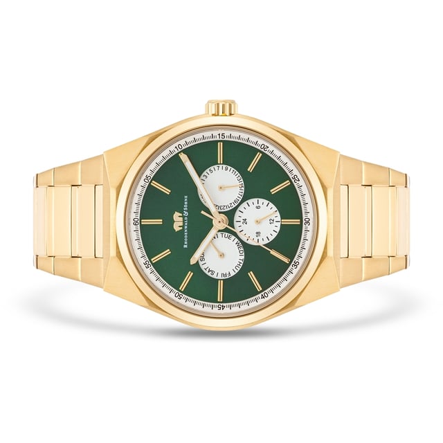 GENERAL INFORMATION:  • Targetgroup: Male  • Wristwatch: Multifunction(s)  • Display: analogue  • Weight of watch w/o box (gr.) - approx.: 133,0  • model series: Cooledge  MOVEMENT:  • Movement: Quartz  • Term of Movement: VX3JE  • Origin of movement: Japan  BRACELET:  • Material of bracelet/strap: Stainless steel  • Plating of bracelet/strap: Ion-Plating (IP)  • Finishing of bracelet/strap: Polished/brushed  • Finishing/Decoration of bracelet/strap: None  • Clasp/Closure/Buckle: Security-folding clasp  • Color of bracelet/strap: Yellowgold  • Length of bracelet/strap (mm) approx.: 225,0  • Width of bracelet/strap (mm) approx.: 24,1  • Style/Design of bracelet/strap: Link bracelet  • Bracelet/strap adjustable?: Yes  CASE:  • Shape of case: Round  • Size/Diameter of case in mm . approx.: 42  • Height of case in mm: 9,6  • Case material: Stainless steel  • Surface of case: Polished/brushed  • Bezel/Topring: Fixed  • Finishing/Decoration of case: None  • Material of case back: Stainless steel  • Lock of case back: Pressed  • Color of case: Yellowgold  • Coating/Plating (Case): Ion-Plating (IP)  • Type/Form of crystal: Flat  • Material of crystal: Mineral crystal  • Water resistant (ATM): 5  DIAL:  • Size jewelry care cloth: Date/Weekday/24 Hours  • Indices: Line indices  • Material of dial: Brass  • Structure/pattern of dial: Multi-layer  • Color of dial: Green  PUSHER, CROWN, HAND:  • Pusher: No screwed-in crown  • Corrector: No  • Crown: No screwed-in crown  • Type of hands: Pole hand  • Luminescent (hands): Yes  PACKAGING & SCOPE OF DELIVERY:  • Box: Yes  • Service booklet: Yes  • Manual: Yes