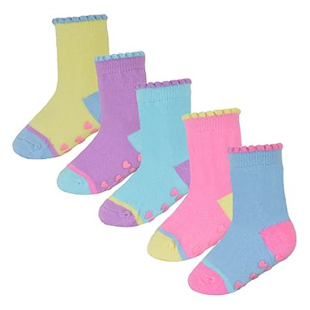 If your little ones are in need of a sock drawer top up but you need something to last them playing on hard surfaces then why not consider these great 10 Pair Value Pack Cotton Rich Socks with Grippers? Designed with you little princess in mind, these socks come with cute and colourful heel & toe patterns but with non-slip grippers on the bottom of each sock. This is to ensure that they don’t slip over on hard surfaces while playing around the house. These baby girl socks are Cotton Rich which will make sure that their feet remain super soft and comfortable throughout the day. With bright & funky colours throughout this 10 pack, there's plenty to keep them going. These socks come in 2 different styles. One pack includes: Pinks, Purple & Whites all with funky grips. The other includes: Yellow, Pink, Blue, Purple & Light Blue, all with colourful grips as well. These socks come in 10 pairs and different 2 styles. They are available in 3 sizes: 0-6 Months, 6-12 Months & 12-24 Months. They are made from 78% Cotton; 20% Polyester; 2% Elastane and are Machine Washable.