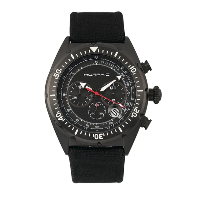 316L Surgical-Quality Stainless Steel Case; Precision Japanese Quartz Movement; Full-Function Chronograph; Built-In Tachymeter; Non-Glare Scratch-Resistant Mineral Crystal; Logo-Engraved Stainless Steel Caseback; Uni-Directional Bezel; Fiber-Weaved Genuine Leather Strap; Logo-Engraved Stainless Steel Clasp; Luminous Hands; Magnified Date Display; 24-Hour Sub-Dial; 45mm Diameter; 5 ATM Water Resistance;
