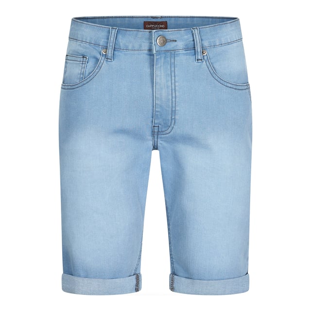 Pantalón corto vaquero Cappuccino Italia para hombre. Están confeccionados en algodón y elastano y son de corte recto. El elastano aporta una buena elasticidad al tejido. Tiene 2 bolsillos laterales y 2 bolsillos traseros.  Marca: Cappuccino ItaliaNombre del modelo: Denim ShortCategoría: shorts para hombreMateriales: algodón, elastanoColor: azul claro lavado