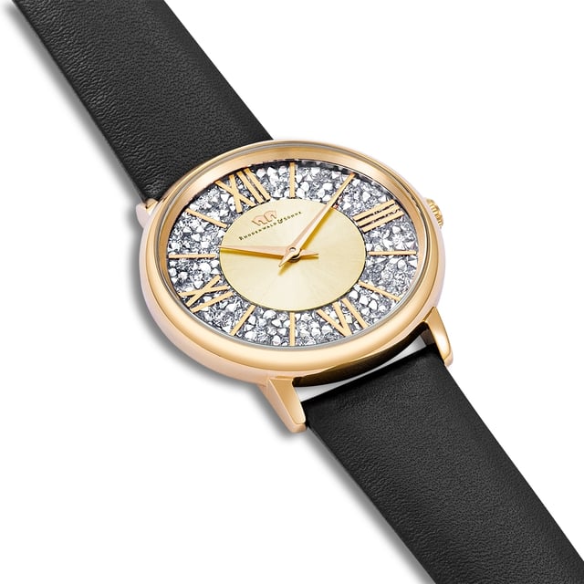Trend meets tradition and glamor in perfect harmony with minimalism: This extraordinary women's watch of the Rhodenwald & Sons label combines the past and presence of clock design with style. The accessory skillfully stages the contrast between puristic strings, subtle arrow and an opulently structured dial, decorated with crystals. A scratch-resistant stainless steel case with IP finishing in yellow gold and screwed floor, a durable quartz plant and a soft real leather strap complete the luxurious equipment and make the clock a favorite piece.