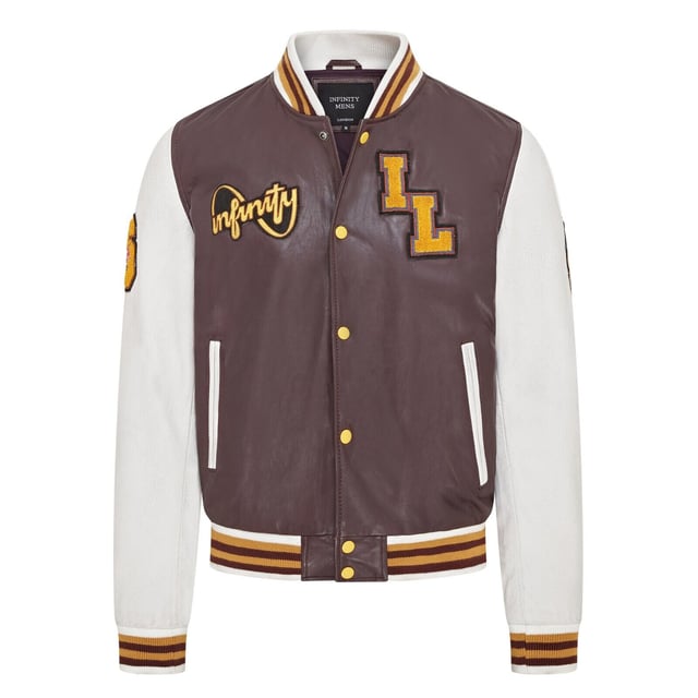Introducing the Men's Baseball Leather Jacket, a perfect blend of classic varsity style and modern craftsmanship. This letterman bomber jacket features contrasting sleeves and a striped knit ribbed collar, waistband, and cuffs for a timeless athletic look. The press studs front closure and embroidered brand logo patches on the chest and sleeves add a touch of authenticity and flair. Designed with practicality in mind, it includes two jet pockets at the waist and two inside welt pockets for your essentials. The panelling to the back of the jacket ensures a tailored fit and superior comfort.

Contrasting sleeves for a stylish look
Striped knit ribbed collar, waistband, and cuffs for a classic finish
Press studs front closure for easy wear
Embroidered brand logo patches on the chest and sleeves for added detail
Two jet pockets at the waist and two inside welt pockets for convenience