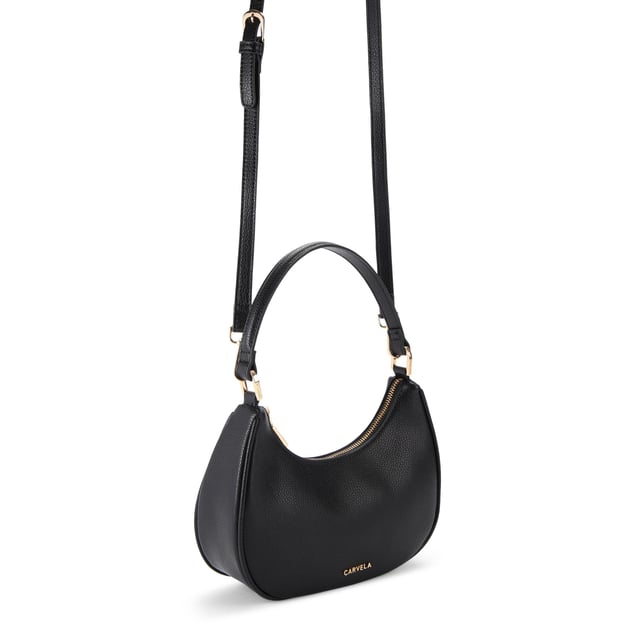 This Carvela Scoop Shoulder Bag features a black exterior with gold branding on the front. Dimensions: 20.5cm (H), 25cm (L), 7cm (D). Strap length cross body: 107cm.