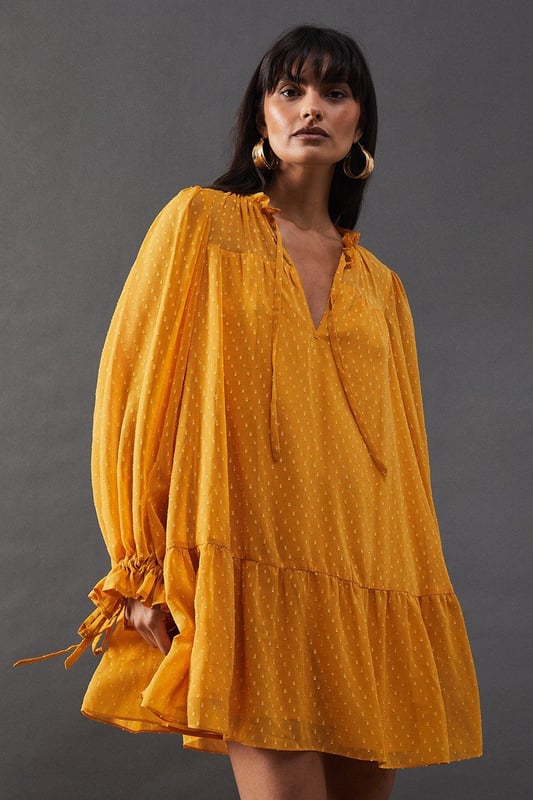Dobby Chiffon Tie Neck Drop Hem Mini Smock Dress
