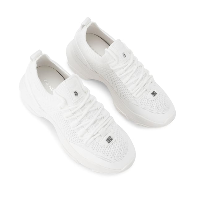 This KG Kurt Geiger Lively sneaker features a white knitted upper with lace up front. There is silver branding across the upper and the sole is extra chunky.