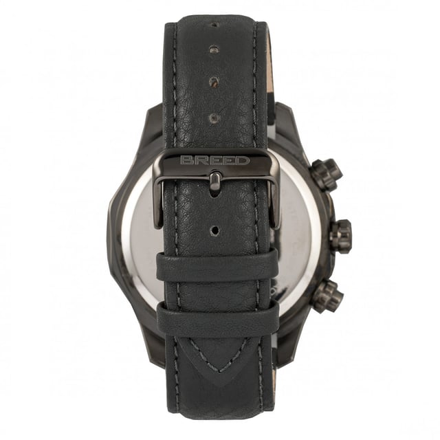 Brushed Alloy Case; Precision Japanese Quartz Movement; Full-Function Chronograph; Non-Glare Scratch Resistant Mineral Crystal; Logo-Engraved Stainless Steel Caseback; Genuine Leather Crocodile-Embossed Strap; Logo-Engraved Stainless Steel Clasp; Luminous Hands; Luminous Markers; 24-Hour Sub-Dial; 47mm Case Diameter; 5 ATM Water Resistance;