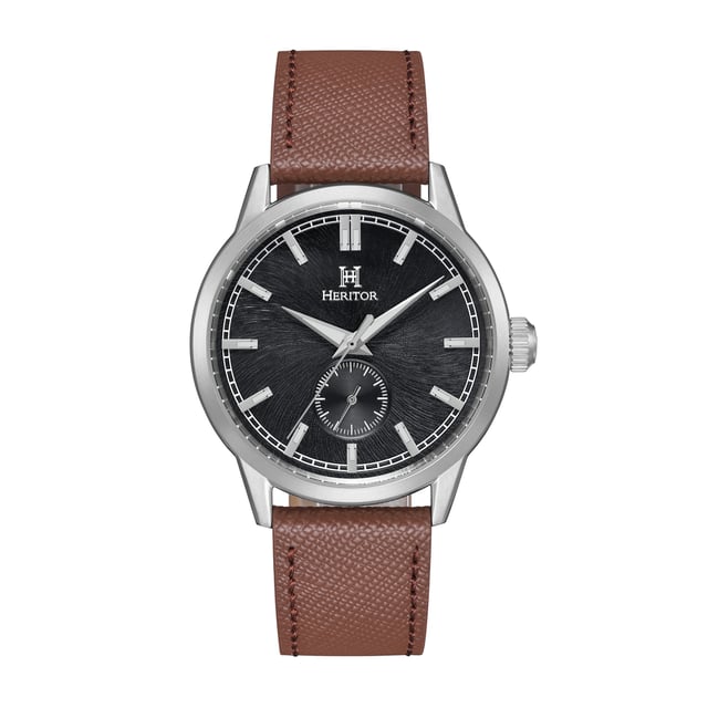 316L Surgical-Quality Stainless Steel Case, Jeweled Automatic Movement, Jewel Bearings: 22 Jewels, 36-Hour Power Reserve, Beats per Hour (BPH): 21600/Hour, Sapphire-Coated Mineral Crystal, Engraved Pattern Dial, Observation Caseback to view Movement, Logo-Engraved Crown, Genuine Leather Pattern-Embossed Strap, Logo-Engraved Stainless Steel Clasp, Luminous Hands, Luminous Markers, Dual Time Sub-Dial, 45mm Case Diameter, 195-245mm Wrist Size, 10 ATM Water Resistance.