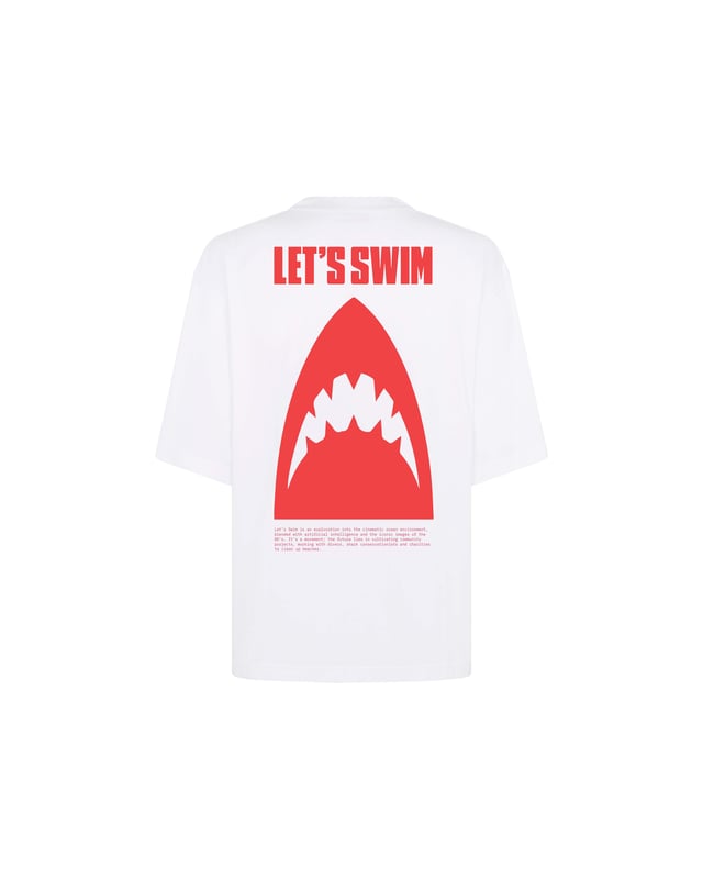 Turn heads in our LET'S SWIM print t-shirt. Featuring our iconic shark head logo on the front and back with brand manifesto printed underneath. Perfect for sharing with your fellow shark obsessed partner.