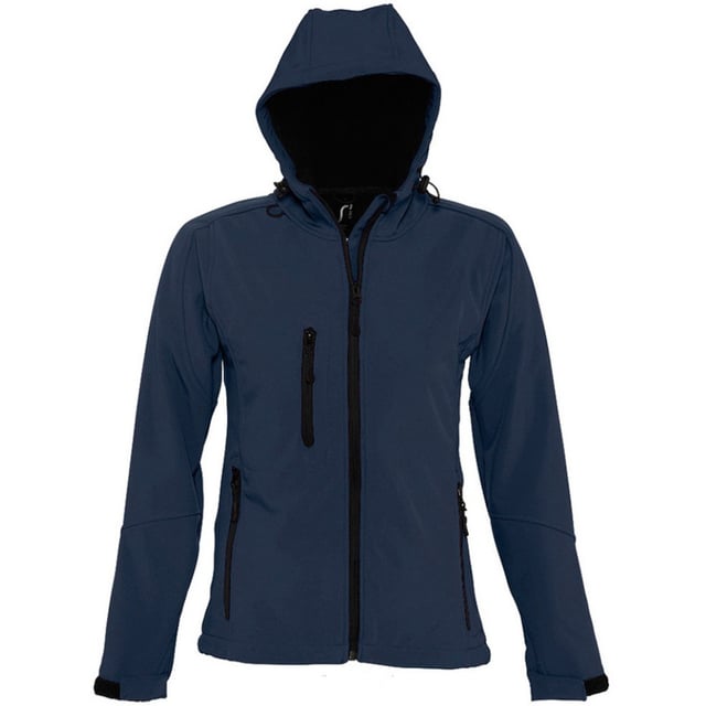 Breathable, windproof and water resistant. Shaped fit. Taped neckline. Hood with adjustable drawcord. Collar high full zip with inner storm flap and chin guard. Two front zip pockets and one right chest zip pocket. Tear release adjustable cuffs. Adjustable drawcord at hem. Drop tail. Access for decoration. Material: Stretch soft shell fabric has a 94% polyester/6% elastane outer, membrane and polyester fleece backing. Ladies size: S(8/10), M(12), L(14), XL(16), XXL(18).
