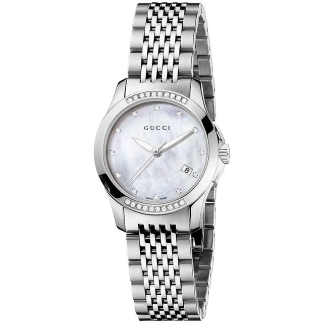Model: YA126510EAN: 0731903316461Movement: QuartzBracelet color: SilverWaterproofing: 50M (5ATM)Dial color: WhiteBracelet material: Stainless steelDate: YesDial diameter: 27mmDial thickness: 7mmGender: WomenDisplay: AnalogStyle: ClassicCollection: Gucci Timeless