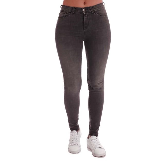 Womens Emporio Armani J20 Skinny-Fit Jeans in grey.- Five-pocket styling.- Zip fly and button fastening.- Belt loops.- Branded leather badge.- Metal Eagle logo on rear pocket.- Slim fit.- 93% Cotton  3% Elastomultiester  2% Elastane.- Ref: 6H2J202DB30662