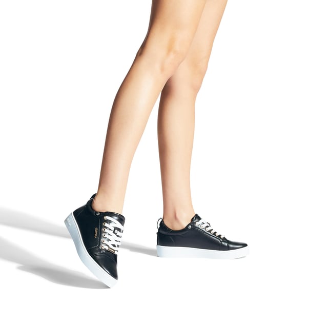 Carvela's Joyful is a lace up trainer in black. The hardware is in a gold tone whilst the heel and tongue feature croc embossed details.