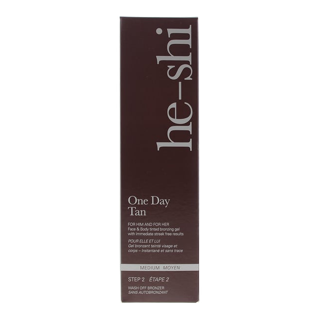 The He-Shi One Day Tan Face & Body Medium Wash Off Bronzer is an easy to apply fake tan that has been designed to be used on the face and body. The tan doesn't just leave skin looking bronze but also provides nourishment, moisture and hydration. When applied the tan is quick drying, refreshing and helps skin to feel rejuvenated as well as giving it a tanned glow..