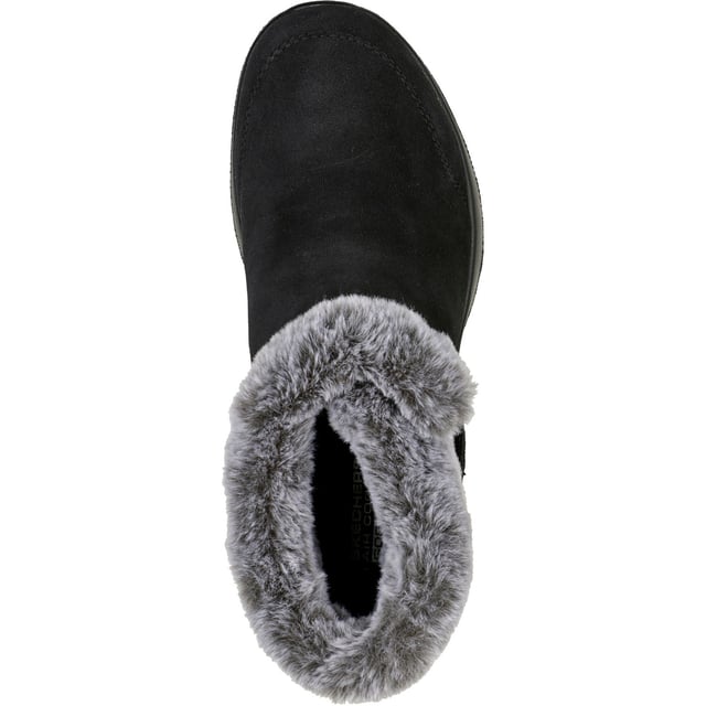 Enjoy the season in plush comfort with Skechers On-the-GO Joy First Glance. This slip-on cold-weather bootie features a 3M Scotchgard treated suede upper with a faux-fur trim and lining plus a Skechers Air-Cooled Goga Mat insole.