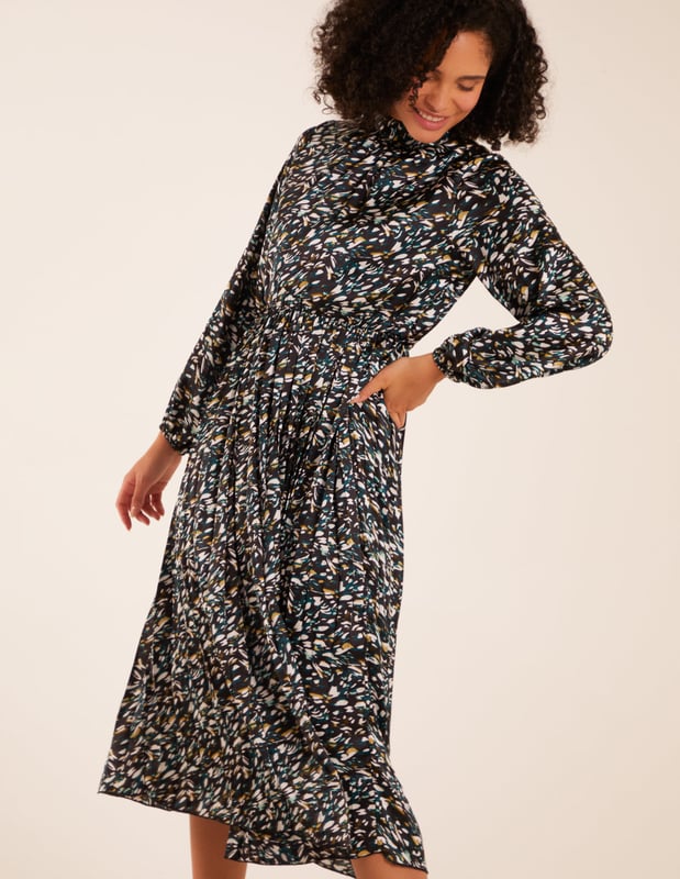 Abstract Animal Print High Neck Blouson Midi Dress