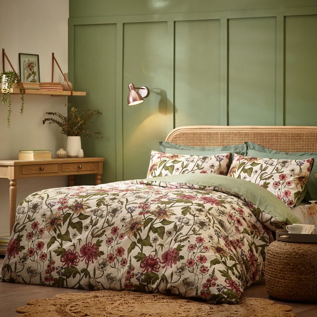 Enjoy a restful night's sleep in this beautiful Wallflower bedding, inspired by vintage botanical illustrations and tranquil bedroom tones. Printed on a soft cotton rich fabric with a textured slub finish, for a relaxed finish that looks timeless. The reverse features a 180tc cotton rich percale, for added comfort whilst you sleep.