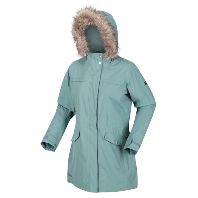 Material: Polyester: Polyester. Tyg: Hydrafort. Foder: Polyester. Design: Logotyp. Tygteknologi: Slitstark, Thermo-Guard. Fleecepanel, tejpade sömmar. Manschett: Justerbar. Halsringning: Huva. Ärmtyp: Långärmad. Funktioner på huva: Justerbar, avtagbar fuskpälskant, luvan har vuxit fast. Fickor: 1 invändig ficka, 2 nedre fickor. Fästanordning: Knäppning, tvåvägsdragkedja. Nedtill: Justerbar, Fishtail, Shockcord i nederkant.