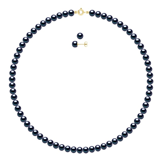 Set being composed of : Necklace of Real Cultured Freshwater Pearls Semi Round 6-7 mm with Spring Ring Clasp Ergonomic - Length 45 cm - and Ear Studs Cultured Freshwater Pearls Button 6-7 mm- Butterfly Clasp - COLOR BLACK TAHITI - Yellow Gold - Delivered with Certificate of Authenticity and International Guarantee -MADE IN FRANCE
