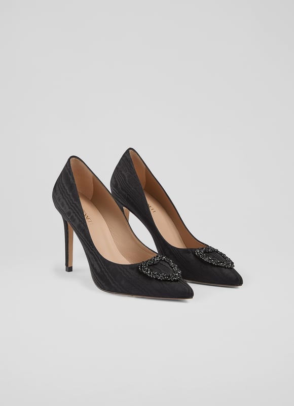 The Luella heart crystal court, in stunning black moirÃ© fabric, features a pointed toe and a sleek stiletto heel, all lined with luxurious leather. Pair these Spanish-made shoes with a stylish cocktail dress or enhance your favourite skinny jeans.