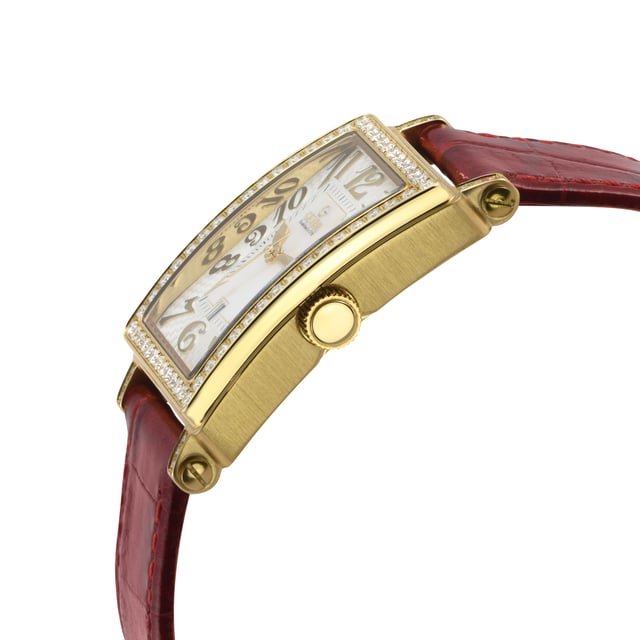 Gevril 7449YL Avenue of Americas Mini Swiss Quartz Diamond Watch
Gevril Women's Diamond Swiss Quartz Watch from the Avenue of Americas Mini Collection
33x25 Rectangle 316L Stainless Steel IPYG Diamond Case, White MOP Dial
Guilloche dial and a highly stylized Arabic numeral display that is raised off the surface of the dial
Push/Pull Crown, Date at 6:00
Limited Edition
Genuine Handmade Italian Red Leather Strap With Tang Buckle
Anti-reflective Sapphire Crystal
Water Resistant to 50 Meters/5ATM
Swiss Quartz Movement Ronda 784