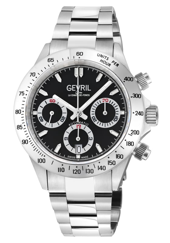 Gevril 44607 Men's New Amsterdam Swiss Automatic Chronograph Watch Gevril Men's Swiss Automatic Chronograph Watch from the New Amsterdam Collection 40mm Round Stainless Steel Polished Case and Top Ring Black Dial, Luminous indexes , Screw down Crown Exhibition Case back Chronograph sub dials are at 3:00, 6:00, 9:00 (small seconds location) 316L Stainless Steel Satin and Polished Oyster Bracelet With Deployment Buckle Anti-reflective Sapphire Crystal Water Resistant to 200 Meters/20 ATM Swiss Automatic Movement, Chronograph, ETA 7753