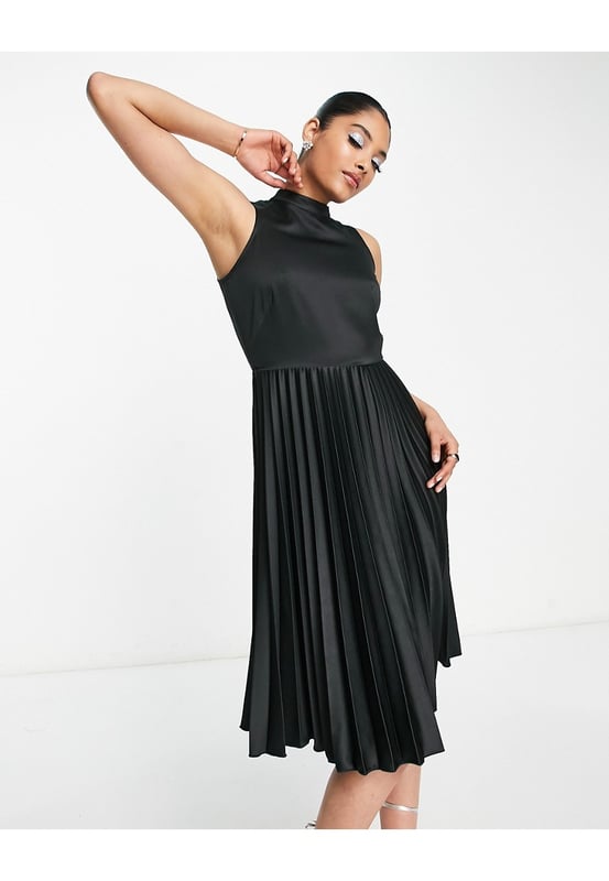 High neck pleated midi dress outlet