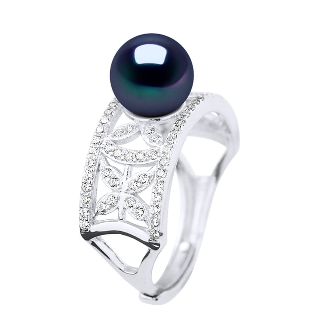 Ring Jewelry - Real Cultured Freshwater Pearl Round 8-9 mm - Jewelry Paving Cubic Zirconia Silver 925 Rhodium plated - COLOR "BLACK TAHITIAN STYLE" - Size adjustable from Size 48 to Size 62 - Delivered in box and with its Certificate of Authenticity and International Guarantee - MADE IN FRANCE