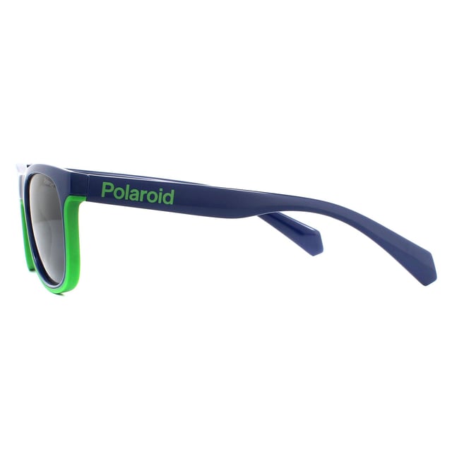 Polaroid Kids Sunglasses PLD 8041/S RNB M9 Blue Green Grey Polarized are a classic wayfarer style for kids. The lightweight acetate frame is super comfortable for all day wear with the  Polarized lenses ensuring a comfortable glare free view.