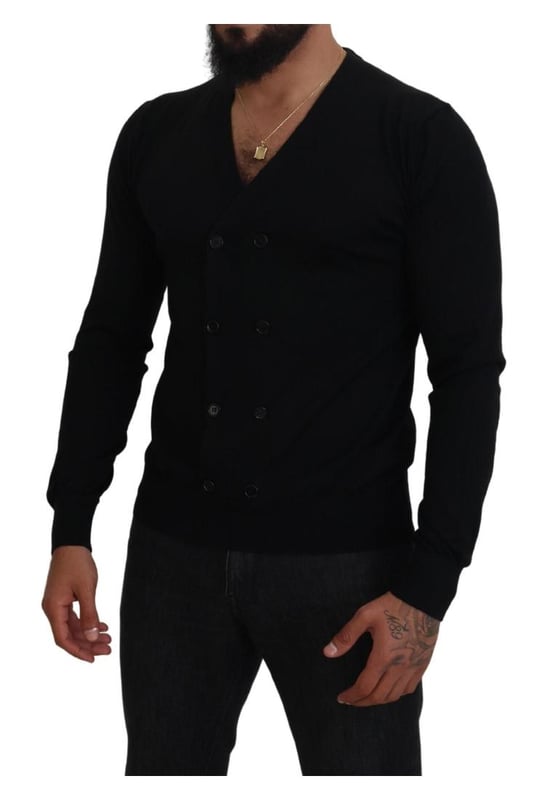 Brand: Dolce & Gabbana
  Color: Black
  Material: 100% cashmere
  Style: Button-down cardigan sweater
  Closure: Full button
  Details: Logo details
  Made in Italy