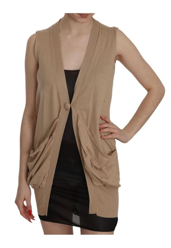 Brand new with tags
  Sleeveless cardigan vest
  Color: Brown
  Material: 100% Cotton
  One-button closure
  Two front pockets
  Logo details