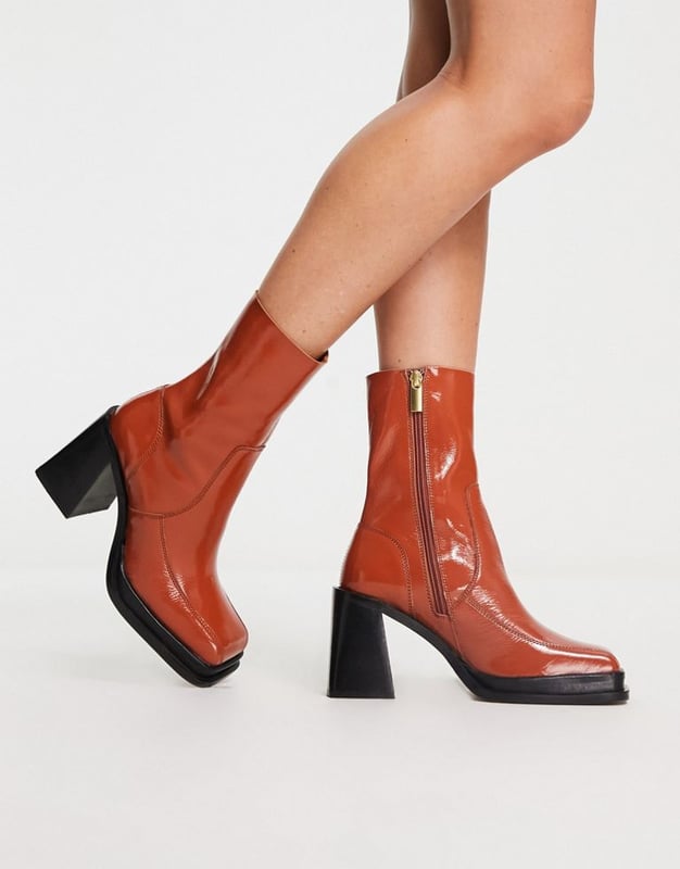 ASOS DESIGN Restore leather mid-heel boots in tan patent-Brown