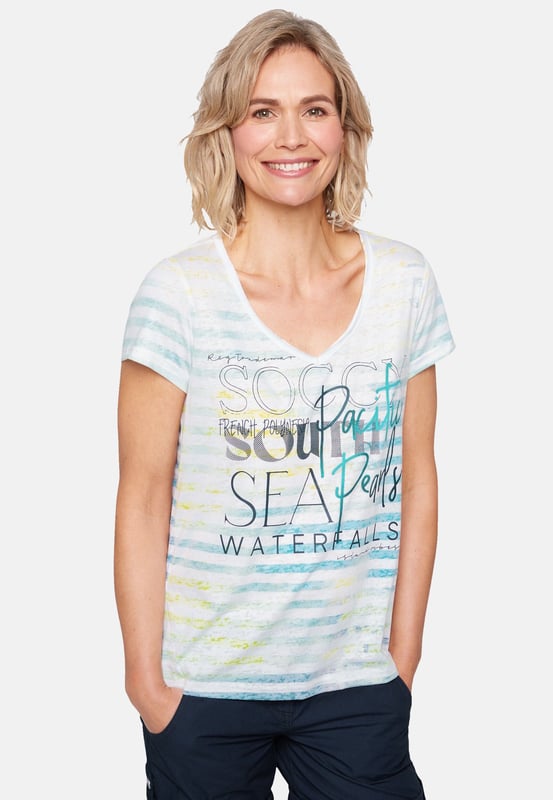 Het burnout T-shirt in een coole used look is een SOCCX-klassieker. Met een V-hals, kleurrijke strepen en een Pacific Pearls print op de voorkant van vloeiend materiaal. Een T-shirt dat je dat vakantiegevoel geeft.