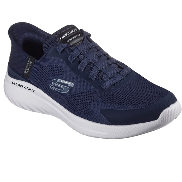 Skechers Bounder 2.0 Emerged Textile Herren Navy Sneakers Einfach hineinschlüpfen und flexiblen, leichten Komfort genießen mit den Skechers Hands Free Slip-Ins: Bounder 2.0 - Emerged. Dieses sportliche, vegane Design, das mit unserem exklusiven Fersenpolster ausgestattet ist, verfügt über ein Obermaterial aus technischem Mesh mit einer Stretch-Schnürung.