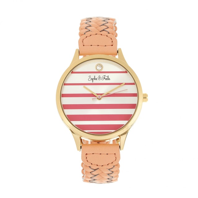 Polished Alloy Case; Precision Japanese Quartz Movement; Non-Glare Scratch-Resistant Mineral Crystal; Swarovski Crystal on Dial; Logo Engraved Stainless Steel Caseback; Genuine Leather Woven Strap; Logo-Engraved Stainless Steel Clasp; 36mm Case Diameter; 3ATM Water Resistance;
