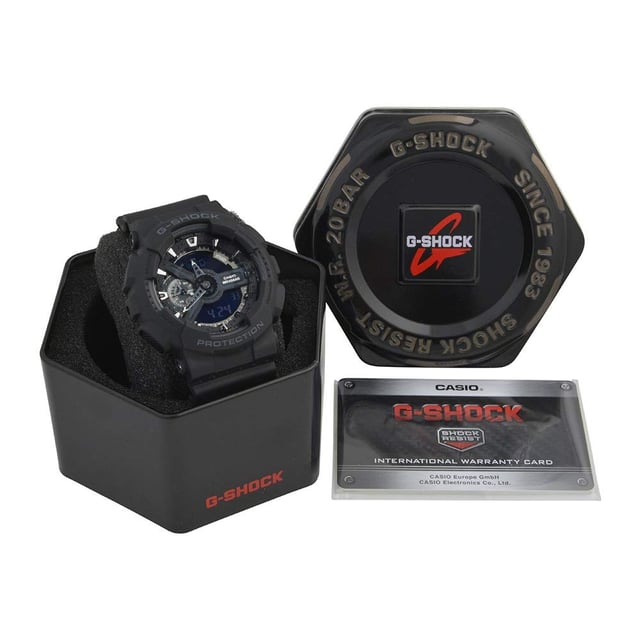 This Casio G-shock Analogue-Digital Watch for Men is the perfect timepiece to wear or to gift. It's Black 50 mm Round case combined with the comfortable Black Plastic watch band will ensure you enjoy this stunning timepiece without any compromise. Operated by a high quality Quartz movement and water resistant to 20 bars, your watch will keep ticking. Sporty and fashionable watch that is suitable for the daily life of every men -The watch has a calendar function: Day-Date-Month, Worldtime, Stop Watch, Timer, Alarm, Light High quality 21 cm length, 22 mm wide Black Plastic strap with a Buckle Case diameter: 50 mm, Case height: 14 mm and Case color: Black Dial color: Black