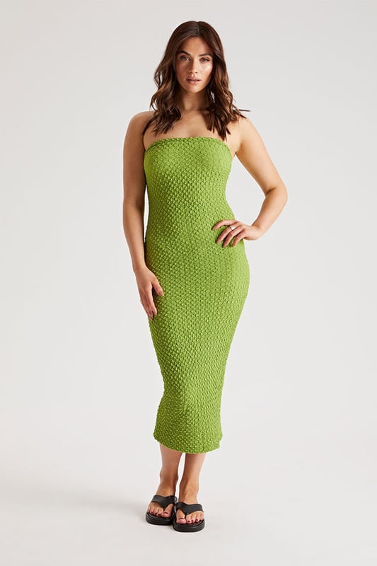 Model is 5'6 and wears a size 8. Strapless, Bodycon, Midi Length, Texture detail