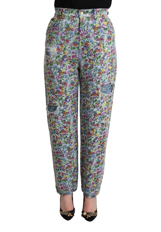 High waisted tapered denim jeans
  All over floral print
  Made in Italy
  Regular fit
  Zipper and button closure
  Logo details
  Material: 98% Cotton 2% Elastane