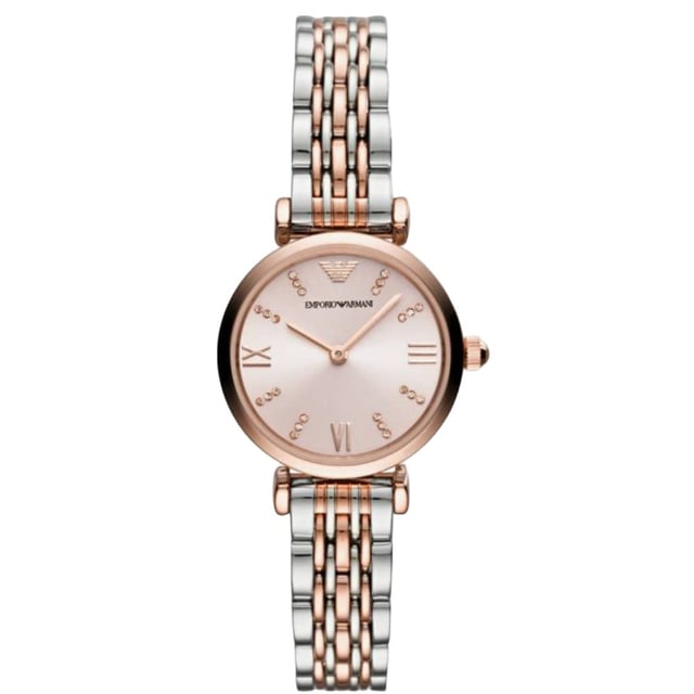 Sku: AR11223Case Size: 28 mmMovement: Quartz Two-HandStrap Material: Stainless SteelStrap Colour: Two ToneCase Water Resistance: 3 ATMCase Material: Stainless SteelCase Colour: Rose GoldDial Colour: PinkStrap Width: 12 mmClosure: Bracelet Butterfly DeployantStrap Inner Circumference: 175 +/- 5 mmCrystal Type: MineralBattery Type: SR616SW