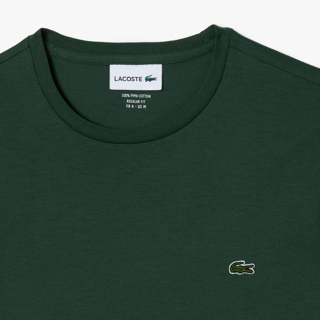 Mens Lacoste Crew Neck Pima Cotton Jersey T-Shirt.- Ribbed crew neck.- Short sleeves.- Embroidered Lacoste logo at left chest.- Tonal back neck tape.- Super soft pima cotton jersey fabric.- Regular fit.- 100% Cotton.  - Ref: TH6709-SMI
