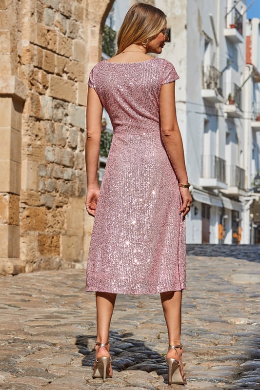 Pink Sequin Wrap Front Fit Flare Dress