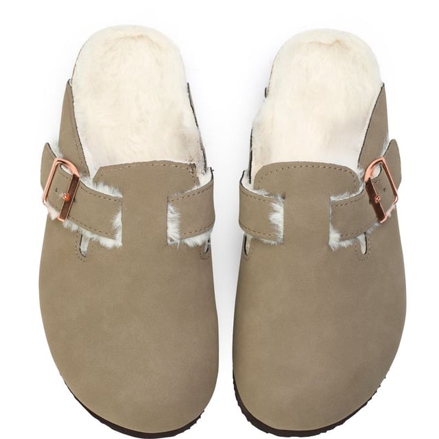 Womens nude Original Penguin poppy slippers, manufactured with suede and a rubber sole. Featuring: grip sole, gold hardware and faux fur lining.