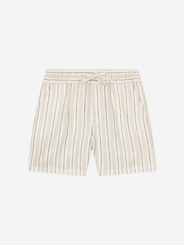 Dolce &amp; Gabbana is giving shape to a timeless wardrobe, composed of iconic pieces that are perfect for everyday wear. These baby boys shorts are a part of the FW24/25 Boy‚ôs Palermo Collection which takes inspiration from places, history, traditions and culture. Crafted in a soft linen material via pinstripes with a branded label, evoking the imagery of the 1940s and 1950s.  ‚ Made in Italy‚ Regular Fit‚ Stretch Waistband With Drawstring‚ Side Slant Pockets‚ Welt Pocket On the Rear‚ Placed Print: Varies Due to ‚úHandmade‚ù Aspect  ‚ 100% Linen Fiber