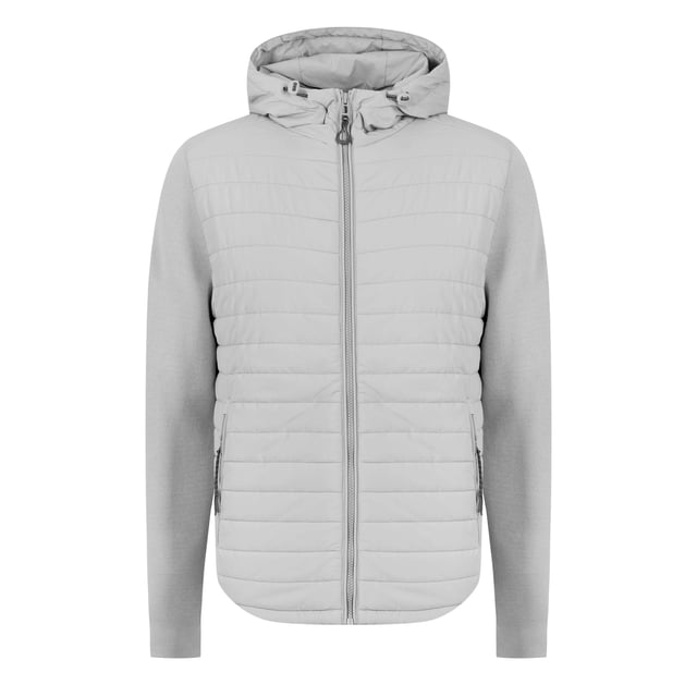Mens Belstaff Pima Cotton Vert Full Zip Cardigan in grey.- Adjustable drawcord hood.- Two-way centre front zip fastening with drawcord detail.- Two side zip pockets.- Embroidered edge Phoenix patch on sleeve.- Padded body and cotton sleeve.- 100% Polyester.- Ref: 104626CRGRY