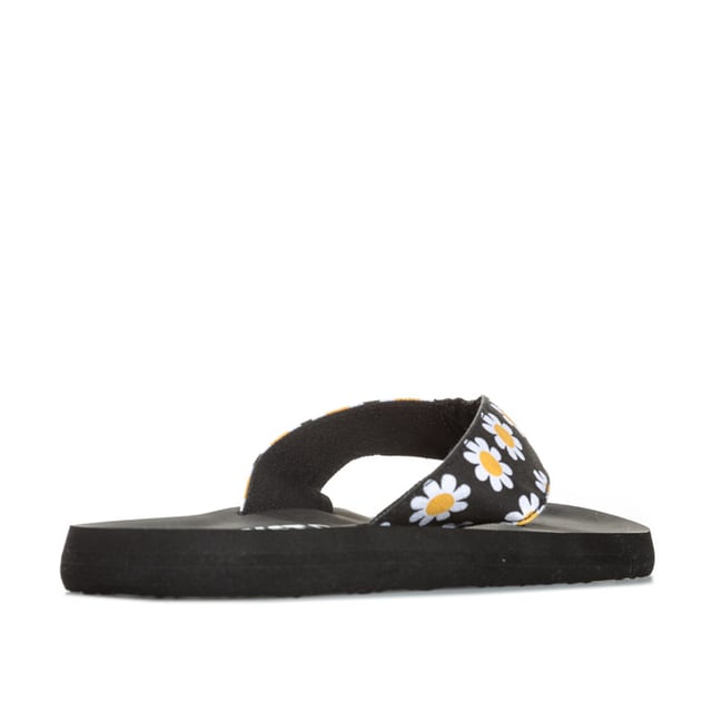 Sandalias negras Rocket Dog Adios Daisy para mujer, confeccionadas en textil y suela de goma. Presentan diseño de margaritas, tira para la puntera y la marca Rocket Dog.